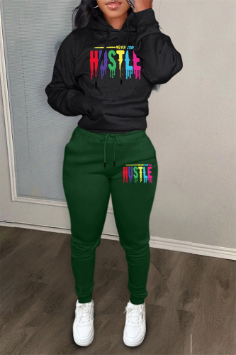 Khaki Sportwear Casual Letter Print Hooded Long Sleeve Sweatshirt and Sweatpants Fall Winter Two Pieces Sweatsuits Sets