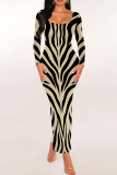 Light Khaki Zebra Print U Neck Long Sleeve Ankle Length Casual Outing Bodycon Pencil Maxi Dress