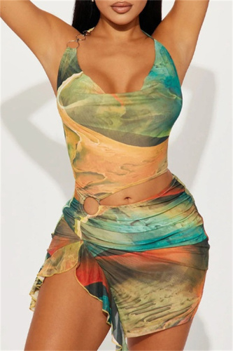 Yellow Watercolor Print Scoop Neck Sleeveless Side Cut-Out with O-Ring Asymmetrical Hem Vacation Beach Bodycon Mini Dress