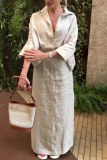 White Loose Vacation Casual With Belt Turndown Collar Three Quarter Flare Sleeve Shirts and Long Slit Skirts Two Pieces Dress Sets