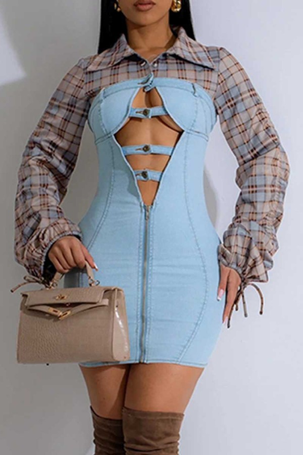 Blue Shirt Collar Plaid Long Sleeve Strappy Cut-Outs Night Out Bodycon Denim Mini Dress