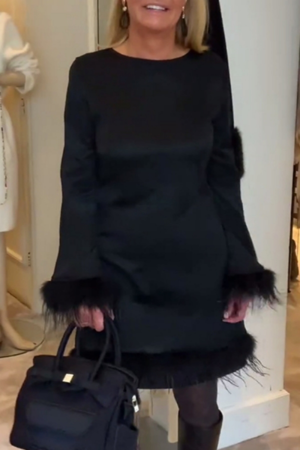 Black Round Neck Feather Trim Sleeve and Hem Night Out Party Cocktail Mini Dress