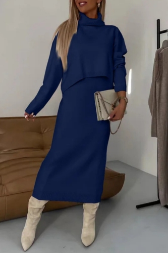 Green Casual Turtleneck Long Sleeve Tops and Wrap Skirts Fall Winter Sweater Two Pieces Dress Sets