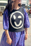 Yellow Casual Smiley Face Weave Contrast Round Neck Sleeveless Knitted Tank Tops Vest