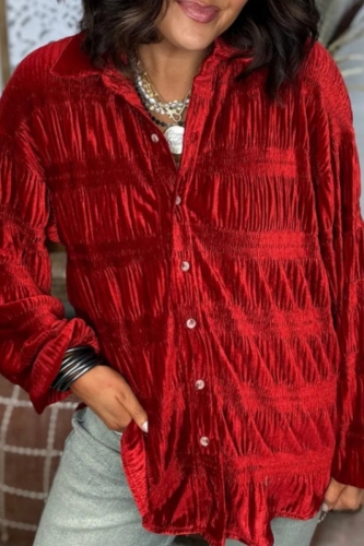 Purple Pleuche Loose Casual Button up Turndown Collar Long Sleeve Tops Shirts