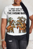 White Brown Christmas Casual Imitation Cotton Letter Print Round Neck Short Sleeve T-Shirts Tops