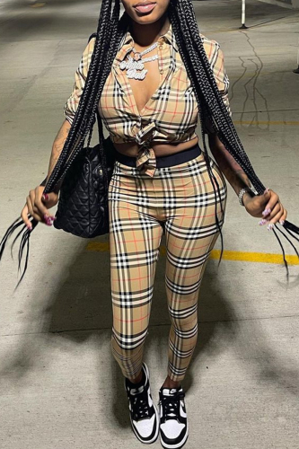 Khaki Skinny Casual Plaid Button up Turndown Collar Long Sleeve Shirts and Pencil Pants Two Pieces Matching Sets