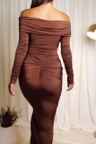 Brown Off-Shoulder Long Sleeve Draped Front Tie Ruched Bodice Evening Party Bodycon Maxi Dress