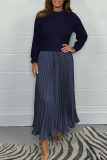 Khaki Long Sleeve Ribbed Knit Top and High Waist Pleated Skirt Sweater Maxi Dress Perfect for Office or Casual Wear