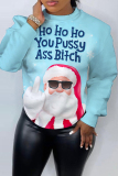 Sky Blue Christmas Casual Letter Santa Claus Print Round Neck Long Sleeve Fall Winter Sweatshirts Tops