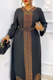 Black African Ethnic Print V Neck Long Sleeves Front Hot Drill Embroidery Decor Belted Waist Straigh Loose Religious Gatherings Abaya Maxi Dress