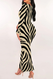Light Khaki Zebra Print U Neck Long Sleeve Ankle Length Casual Outing Bodycon Pencil Maxi Dress