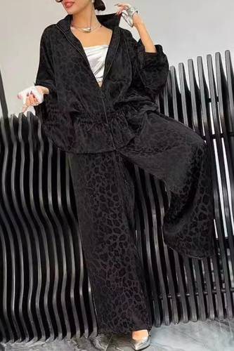 Black Casual Leopard Draw String Zipper Turndown Collar Long Sleeve Jacket and Wide Leg Pants Two Pieces Sets