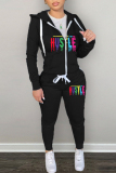 Red Sportwear Skinny Letter Print Pocket Hooded Zipper Collar Long Sleeve Jacket and Sweatpant Fall Winter Two Pieces Sweatsuits Sets