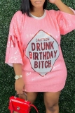 Black Letters Print O Neck Half Sleeve Casual Outing Shimmer Sequins T Shirt Mini Dress