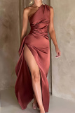 Apricot Sleeveless Backless One-Shoulder Ruched Waist High Thigh Slit Evening Party Bodycon Satin Maxi Dress
