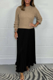 Khaki Long Sleeve Ribbed Knit Top and High Waist Pleated Skirt Sweater Maxi Dress Perfect for Office or Casual Wear