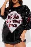 Black Letters Print O Neck Half Sleeve Casual Outing Shimmer Sequins T Shirt Mini Dress