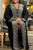 Black Embellished Deep V Neck Hot Drill Open Front Long Sleeve Evening Wear Straight Loose Kaftan Maxi Dress
