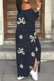 Blue Faux Denim Print Off Shoulder Long Sleeve Lace Up Side Slit Casual Outing Straight Loose Maxi Dress