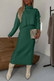 Green Casual Turtleneck Long Sleeve Tops and Wrap Skirts Fall Winter Sweater Two Pieces Dress Sets