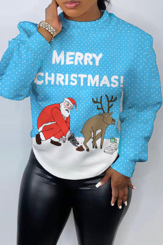 Sky Blue Christmas Casual Letter Santa Claus Print Round Neck Long Sleeve Fall Winter Sweatshirts Tops
