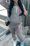Grey Sportwear Casual Letter Print Hooded Long Sleeve Sweatshirt and Sweatpants Fall Winter Two Pieces Sweatsuits Sets
