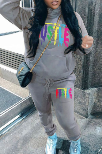 Grey Sportwear Casual Letter Print Hooded Long Sleeve Sweatshirt and Sweatpants Fall Winter Two Pieces Sweatsuits Sets