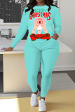 Cyanine Christmas Skinny Casual Santa Claus Letter Print Hooded Long Sleeve Tops and Pants Fall Winter Two Pieces Sets