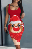 Light Blue Christmas Party Dress Santa Claus Deer Print U Neck Sleeveless Knee Length Bodycon Vest Midi Dresses