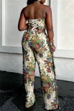 Multicolor Vacation Casual Floral Print Lace Up Strapless Sleeveless Tube Tops and Tassel Trim Straight Leg Cargo Pants Two Pieces Sets