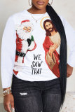 White Red Christmas Party Casual Letter Santa Print Round Neck Long Sleeve Fall Winter Sweatshirts Tops