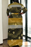 Black Floral Print V Neck 3/4 Sleeve Lace Up Casual Outing Plus Size Straight Loose Maxi Dresses