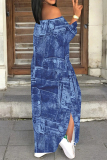Blue Faux Denim Print Off Shoulder Long Sleeve Lace Up Side Slit Casual Outing Straight Loose Maxi Dress