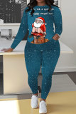 Cyanine Christmas Skinny Casual Santa Claus Letter Print Hooded Long Sleeve Tops and Pants Fall Winter Two Pieces Sets