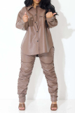 Brown PU Leather Casual Pocket Button up Turndown Collar Long Sleeve Jacket and Ruched Pants Two Pieces Sets
