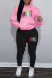 White Black Sportwear Letter Print Hooded Long Sleeve Sweatshirt and Sweatpants Fall Winter Two Pieces Sweatsuits Sets
