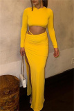 Red Bodycon Party Club Slit Ruched Round Neck Long Sleeve Crop Tops and Maxi Wrap Skirts Two Pieces Dress Sets