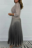 Khaki Long Sleeve Ribbed Knit Top and High Waist Pleated Skirt Sweater Maxi Dress Perfect for Office or Casual Wear