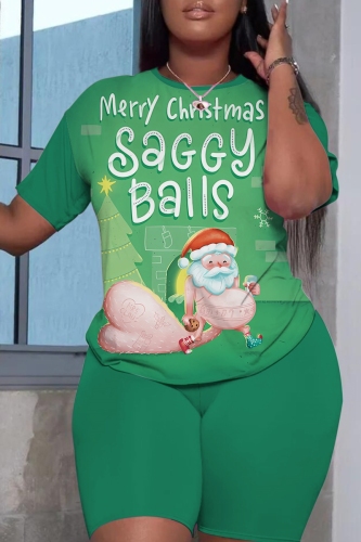 Light Grey Christmas Casual Figure Letter Print Round Neck Short Sleeve T-shirt and Shorts Two Pieces Matching Sets