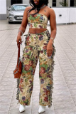 Multicolor Vacation Casual Floral Print Lace Up Strapless Sleeveless Tube Tops and Tassel Trim Straight Leg Cargo Pants Two Pieces Sets