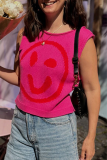 Yellow Casual Smiley Face Weave Contrast Round Neck Sleeveless Knitted Tank Tops Vest