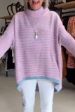 Blue Loose Casual Deer Plush Stripe Contrast Turtleneck Long Sleeve Fall Winter Tops Sweater Blouses
