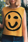 Yellow Casual Smiley Face Weave Contrast Round Neck Sleeveless Knitted Tank Tops Vest