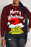 Red White Christmas Casual Animal Letter Print Draw String Hooded Collar Long Sleeve Fall Winter Sweatshirts Tops