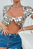Silver Nightclub Party Sexy Chains Sequined Backless Sleeveless Square Neck Crop Tops
