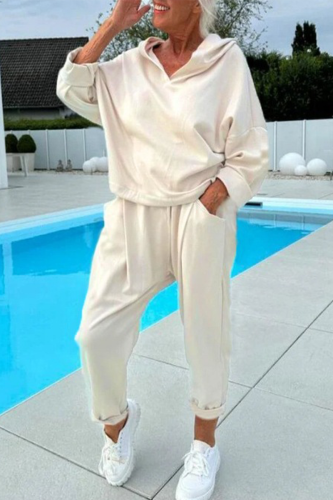 Apricot Sportwear Hooded Long Sleeve Sweatshirt and Sweatpants Fall Winter Two Pieces Sweatsuit Sets