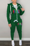 Red Sportwear Skinny Letter Print Pocket Hooded Zipper Collar Long Sleeve Jacket and Sweatpant Fall Winter Two Pieces Sweatsuits Sets