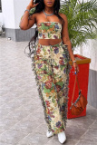 Multicolor Vacation Casual Floral Print Lace Up Strapless Sleeveless Tube Tops and Tassel Trim Straight Leg Cargo Pants Two Pieces Sets