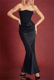 Black Sleeveless Off Shoulder Strapless Backless Formal Floor Length Formal Party Ruched Bodycon Prom Maxi Satin Dress